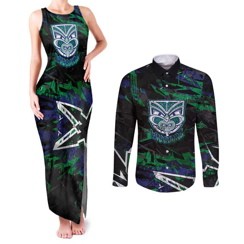 Personalized New Zealand Warriors Couples Matching Tank Maxi Dress and Long Sleeve Button Shirt Graffiti Grunge Abstract Urban Street Style Design