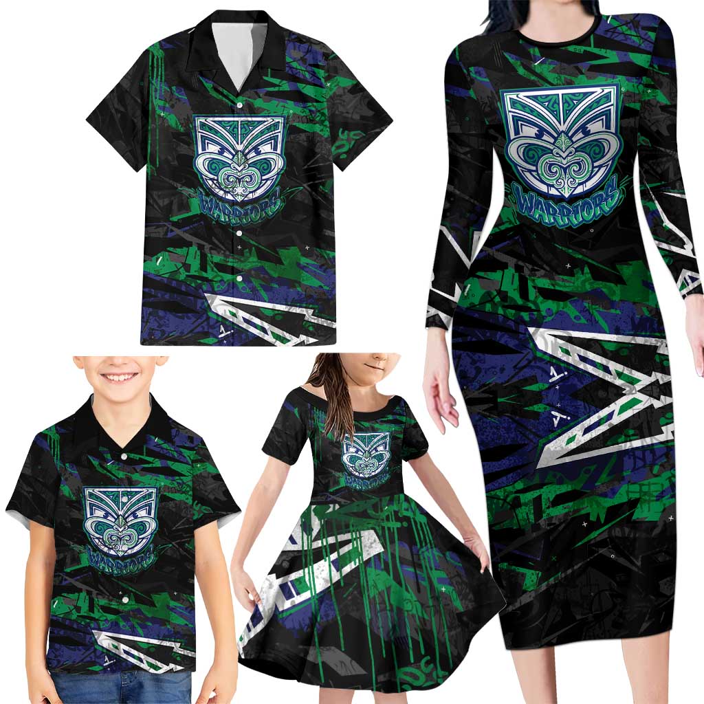 Personalized New Zealand Warriors Family Matching Long Sleeve Bodycon Dress and Hawaiian Shirt Graffiti Grunge Abstract Urban Street Style Design