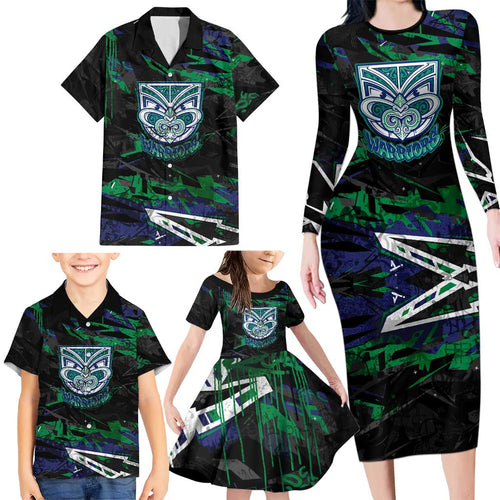 Personalized New Zealand Warriors Family Matching Long Sleeve Bodycon Dress and Hawaiian Shirt Graffiti Grunge Abstract Urban Street Style Design