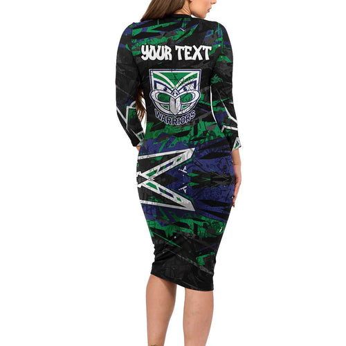 Personalized New Zealand Warriors Family Matching Long Sleeve Bodycon Dress and Hawaiian Shirt Graffiti Grunge Abstract Urban Street Style Design