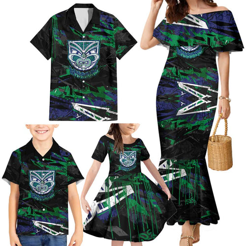 Personalized New Zealand Warriors Family Matching Mermaid Dress and Hawaiian Shirt Graffiti Grunge Abstract Urban Street Style Design