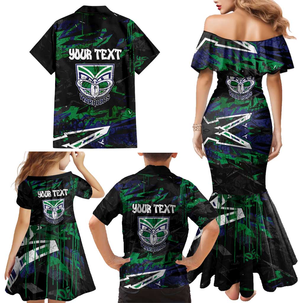 Personalized New Zealand Warriors Family Matching Mermaid Dress and Hawaiian Shirt Graffiti Grunge Abstract Urban Street Style Design