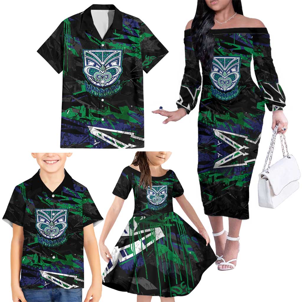 Personalized New Zealand Warriors Family Matching Off The Shoulder Long Sleeve Dress and Hawaiian Shirt Graffiti Grunge Abstract Urban Street Style Design