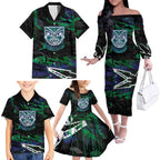 Personalized New Zealand Warriors Family Matching Off The Shoulder Long Sleeve Dress and Hawaiian Shirt Graffiti Grunge Abstract Urban Street Style Design