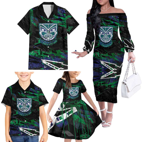 Personalized New Zealand Warriors Family Matching Off The Shoulder Long Sleeve Dress and Hawaiian Shirt Graffiti Grunge Abstract Urban Street Style Design