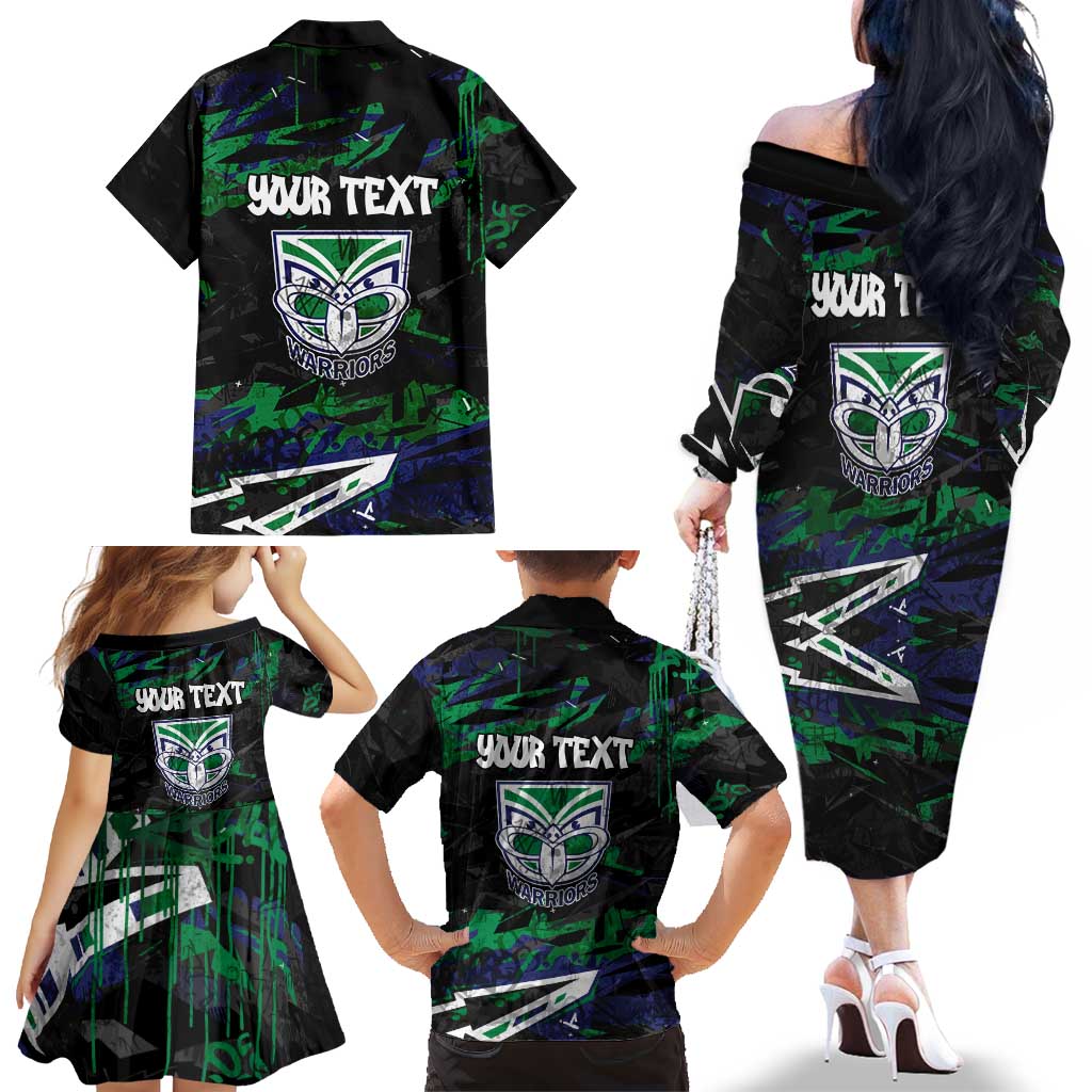 Personalized New Zealand Warriors Family Matching Off The Shoulder Long Sleeve Dress and Hawaiian Shirt Graffiti Grunge Abstract Urban Street Style Design