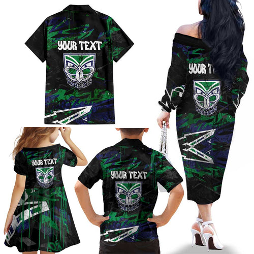 Personalized New Zealand Warriors Family Matching Off The Shoulder Long Sleeve Dress and Hawaiian Shirt Graffiti Grunge Abstract Urban Street Style Design