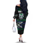 Personalized New Zealand Warriors Family Matching Off The Shoulder Long Sleeve Dress and Hawaiian Shirt Graffiti Grunge Abstract Urban Street Style Design