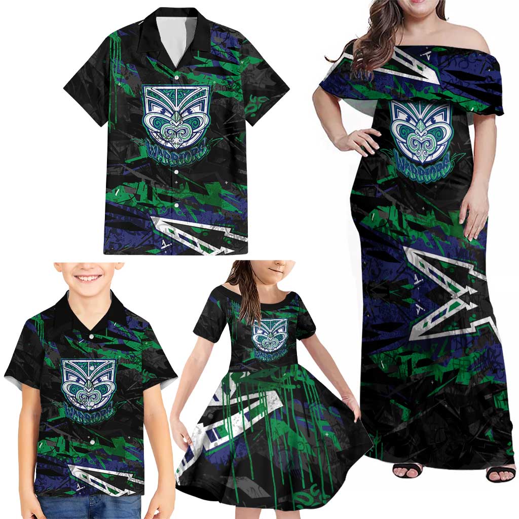 Personalized New Zealand Warriors Family Matching Off Shoulder Maxi Dress and Hawaiian Shirt Graffiti Grunge Abstract Urban Street Style Design