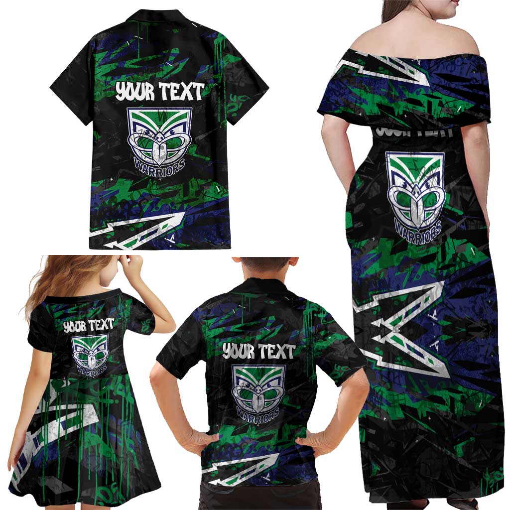 Personalized New Zealand Warriors Family Matching Off Shoulder Maxi Dress and Hawaiian Shirt Graffiti Grunge Abstract Urban Street Style Design