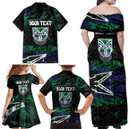 Personalized New Zealand Warriors Family Matching Off Shoulder Maxi Dress and Hawaiian Shirt Graffiti Grunge Abstract Urban Street Style Design