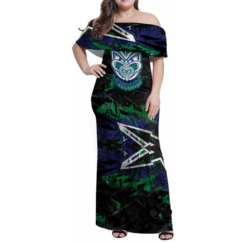 Personalized New Zealand Warriors Family Matching Off Shoulder Maxi Dress and Hawaiian Shirt Graffiti Grunge Abstract Urban Street Style Design