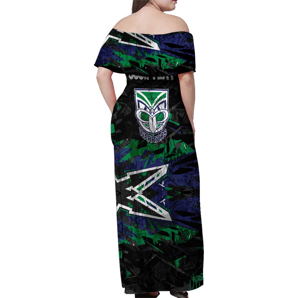 Personalized New Zealand Warriors Family Matching Off Shoulder Maxi Dress and Hawaiian Shirt Graffiti Grunge Abstract Urban Street Style Design