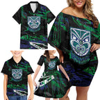 Personalized New Zealand Warriors Family Matching Off Shoulder Short Dress and Hawaiian Shirt Graffiti Grunge Abstract Urban Street Style Design
