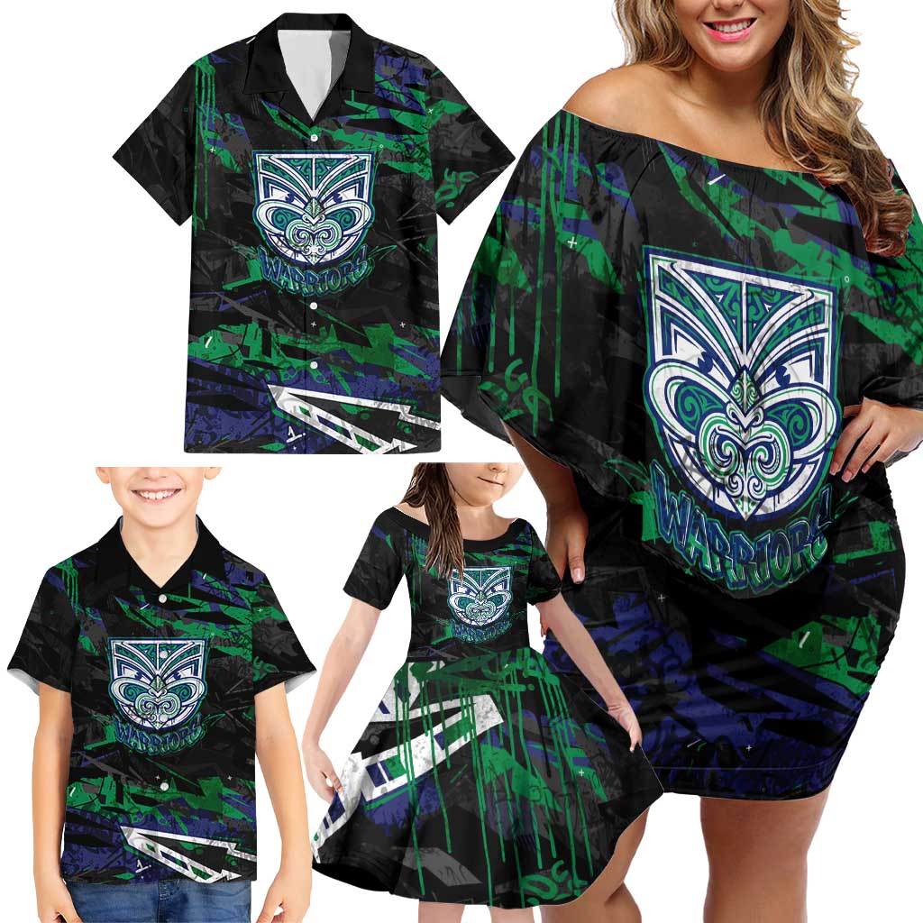 Personalized New Zealand Warriors Family Matching Off Shoulder Short Dress and Hawaiian Shirt Graffiti Grunge Abstract Urban Street Style Design