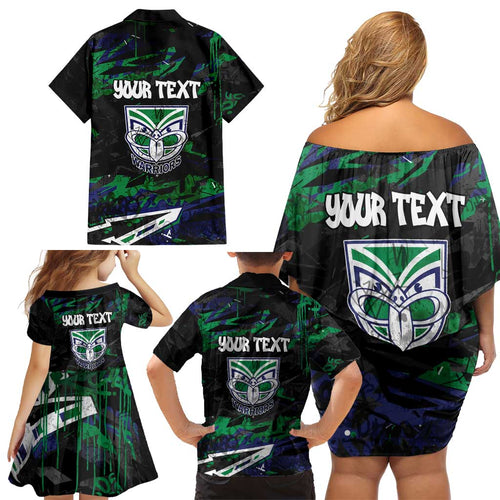 Personalized New Zealand Warriors Family Matching Off Shoulder Short Dress and Hawaiian Shirt Graffiti Grunge Abstract Urban Street Style Design
