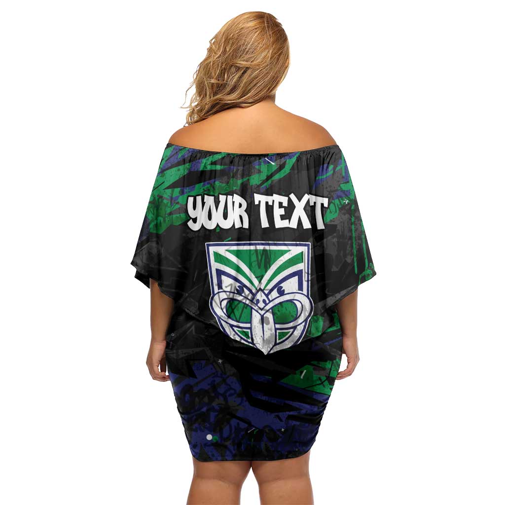 Personalized New Zealand Warriors Family Matching Off Shoulder Short Dress and Hawaiian Shirt Graffiti Grunge Abstract Urban Street Style Design
