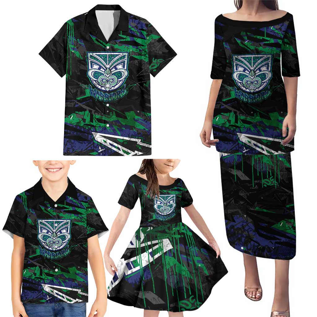 Personalized New Zealand Warriors Family Matching Puletasi and Hawaiian Shirt Graffiti Grunge Abstract Urban Street Style Design