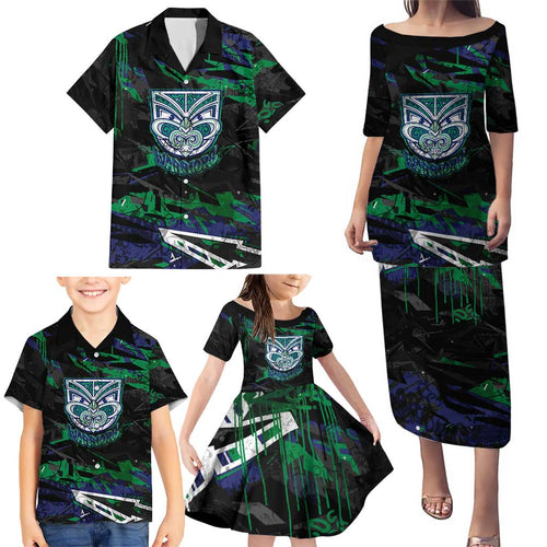 Personalized New Zealand Warriors Family Matching Puletasi and Hawaiian Shirt Graffiti Grunge Abstract Urban Street Style Design