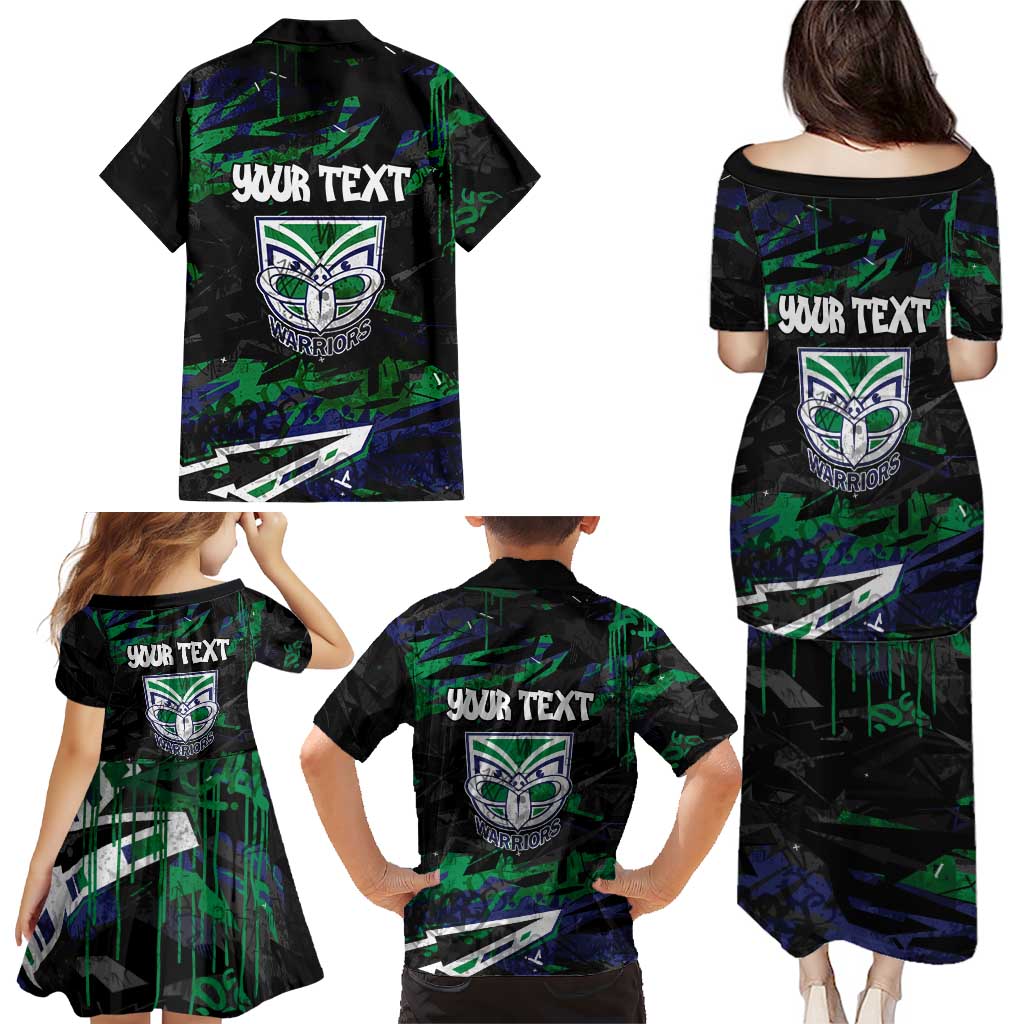 Personalized New Zealand Warriors Family Matching Puletasi and Hawaiian Shirt Graffiti Grunge Abstract Urban Street Style Design