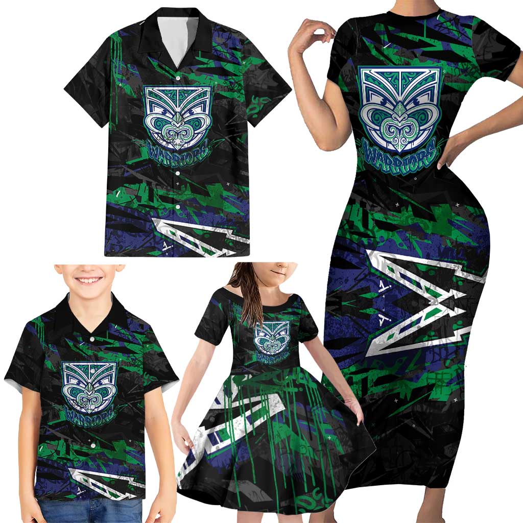 Personalized New Zealand Warriors Family Matching Short Sleeve Bodycon Dress and Hawaiian Shirt Graffiti Grunge Abstract Urban Street Style Design