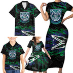Personalized New Zealand Warriors Family Matching Short Sleeve Bodycon Dress and Hawaiian Shirt Graffiti Grunge Abstract Urban Street Style Design