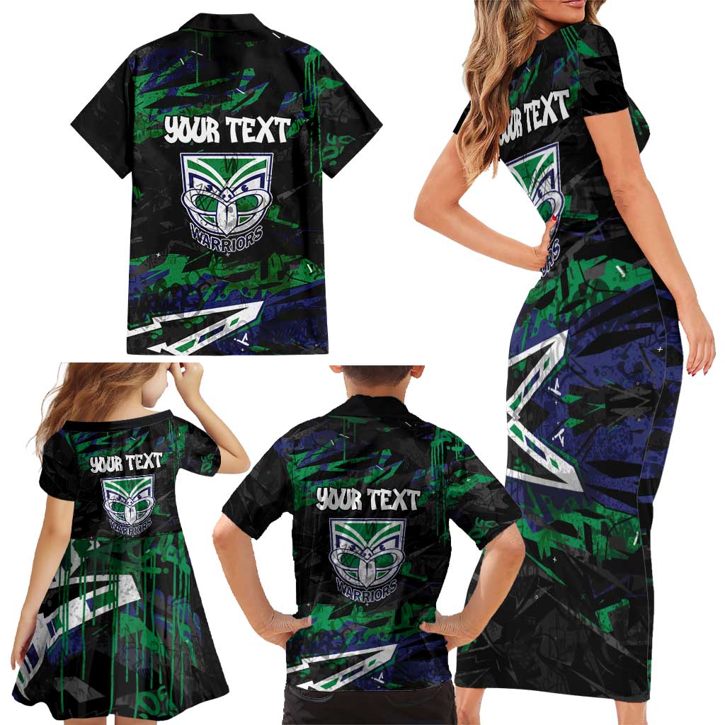 Personalized New Zealand Warriors Family Matching Short Sleeve Bodycon Dress and Hawaiian Shirt Graffiti Grunge Abstract Urban Street Style Design