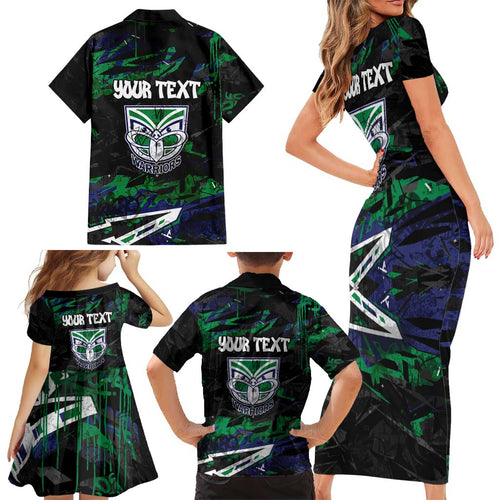 Personalized New Zealand Warriors Family Matching Short Sleeve Bodycon Dress and Hawaiian Shirt Graffiti Grunge Abstract Urban Street Style Design