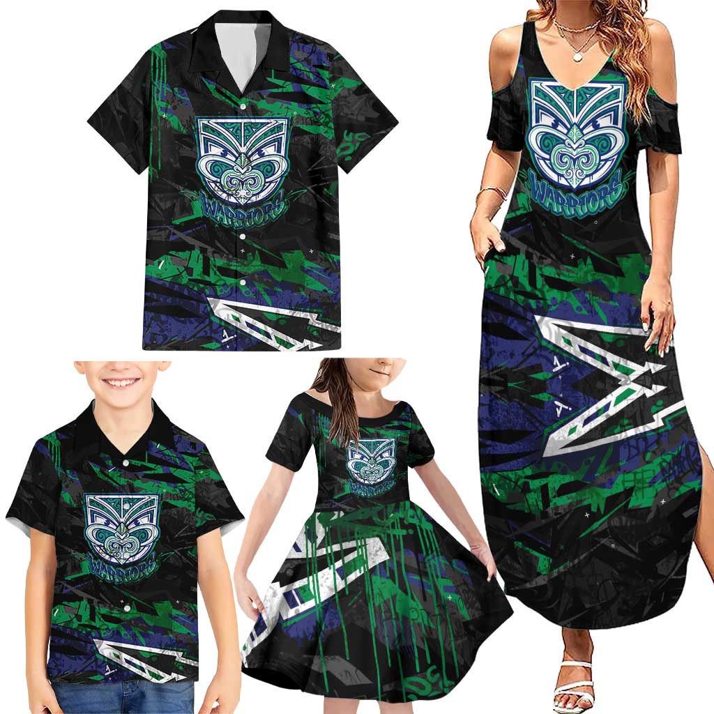 Personalized New Zealand Warriors Family Matching Summer Maxi Dress and Hawaiian Shirt Graffiti Grunge Abstract Urban Street Style Design