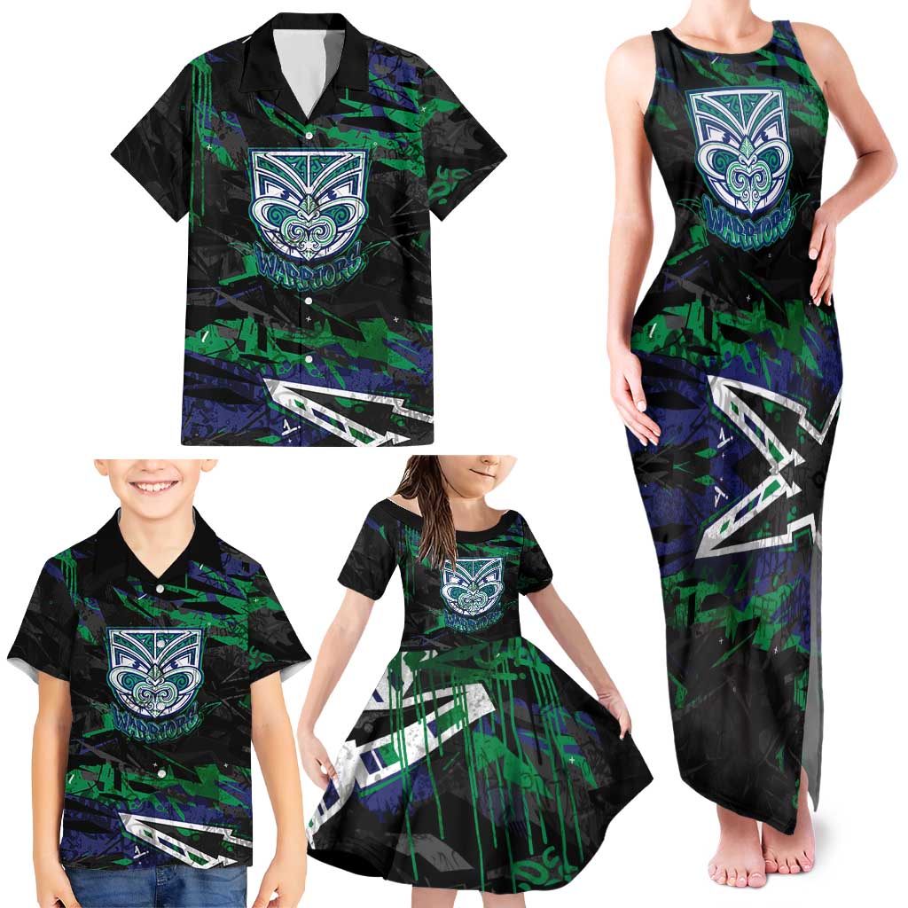 Personalized New Zealand Warriors Family Matching Tank Maxi Dress and Hawaiian Shirt Graffiti Grunge Abstract Urban Street Style Design