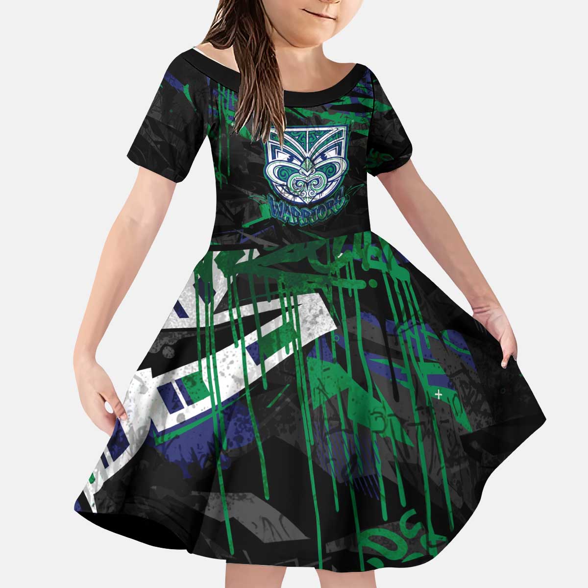 Personalized New Zealand Warriors Kid Short Sleeve Dress Graffiti Grunge Abstract Urban Street Style Design