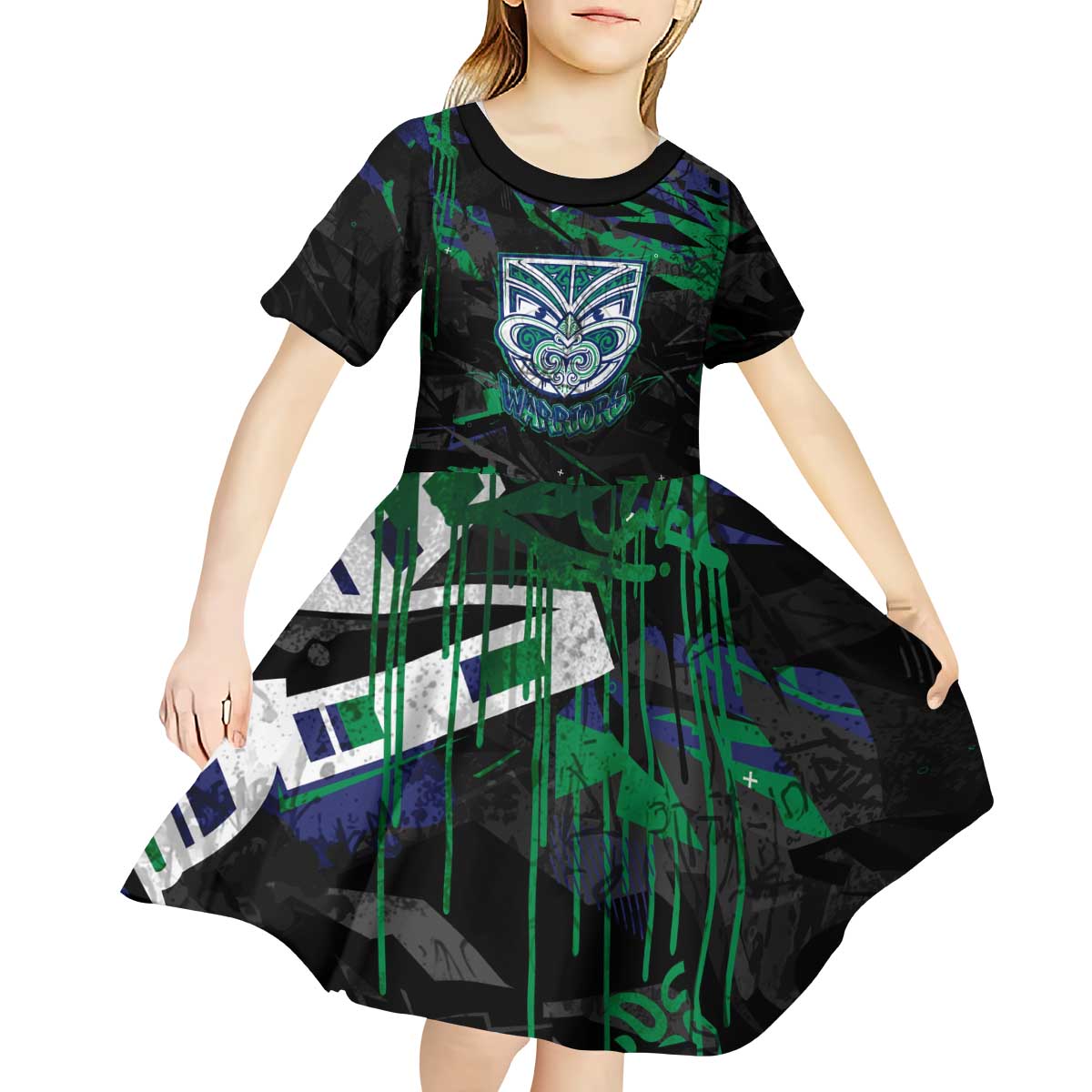 Personalized New Zealand Warriors Kid Short Sleeve Dress Graffiti Grunge Abstract Urban Street Style Design