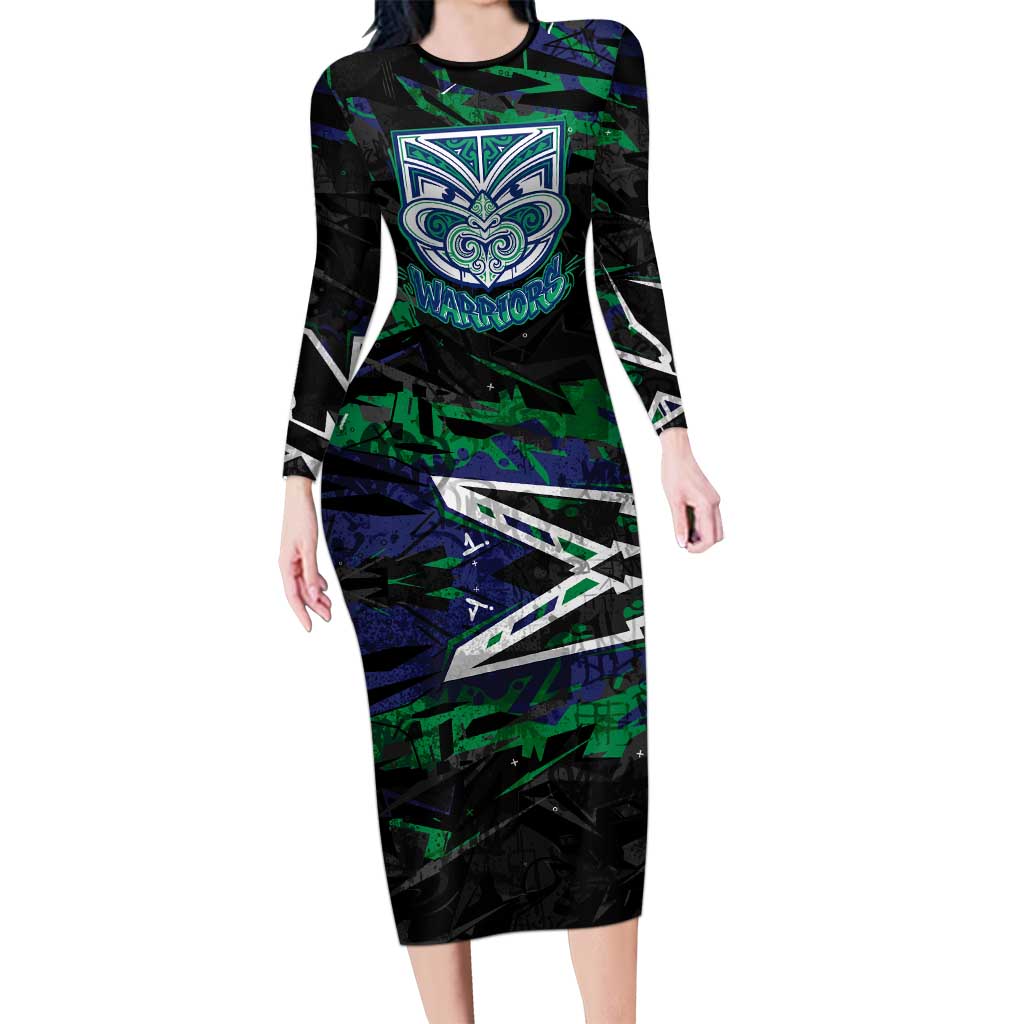 Personalized New Zealand Warriors Long Sleeve Bodycon Dress Graffiti Grunge Abstract Urban Street Style Design