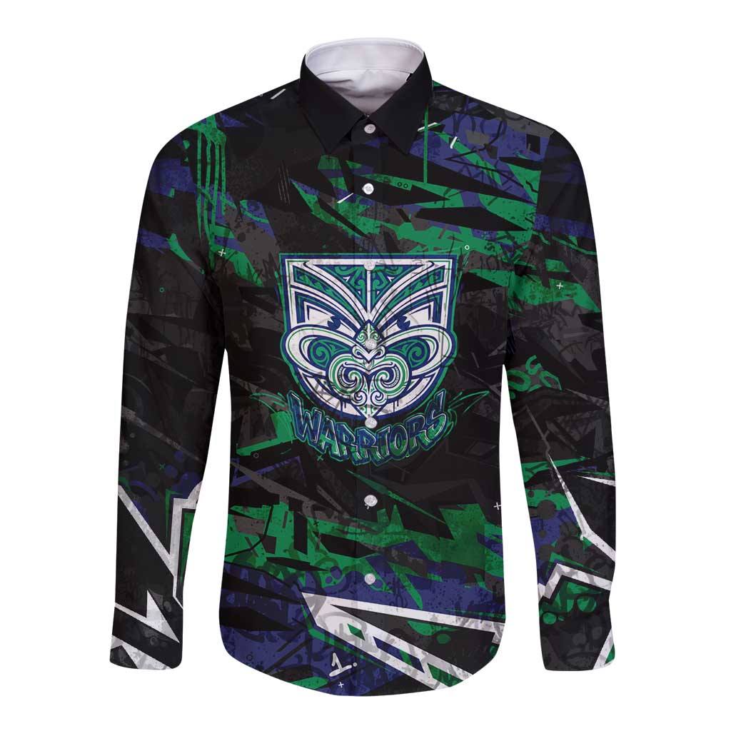 Personalized New Zealand Warriors Long Sleeve Button Shirt Graffiti Grunge Abstract Urban Street Style Design
