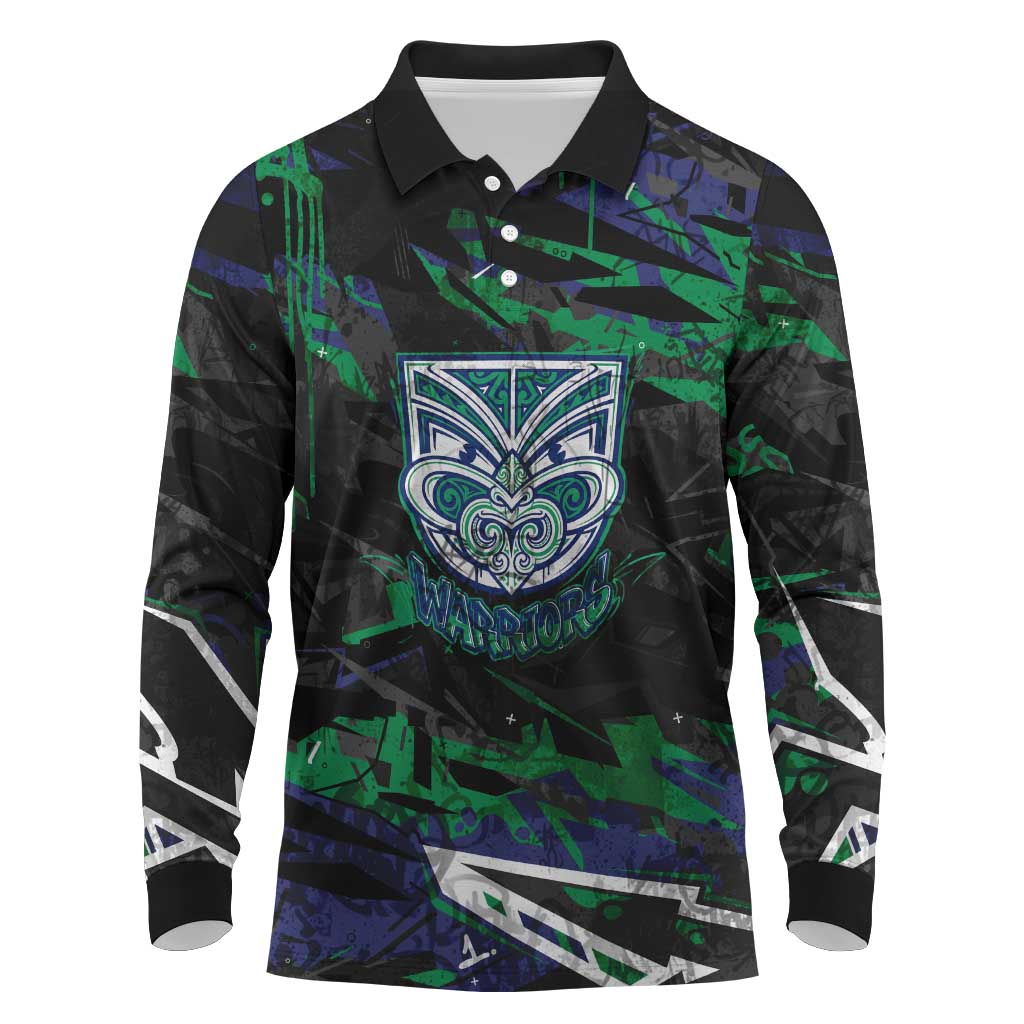 Personalized New Zealand Warriors Long Sleeve Polo Shirt Graffiti Grunge Abstract Urban Street Style Design