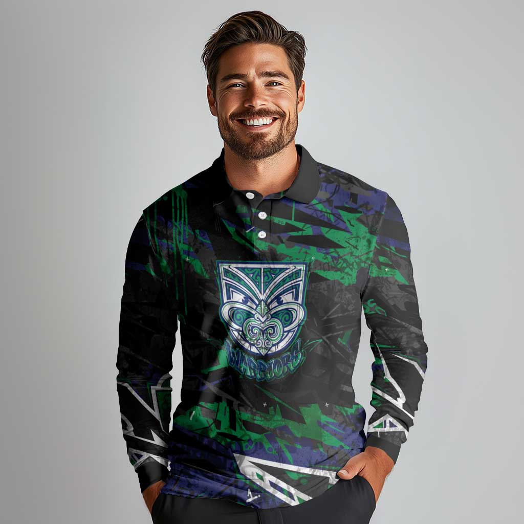 Personalized New Zealand Warriors Long Sleeve Polo Shirt Graffiti Grunge Abstract Urban Street Style Design
