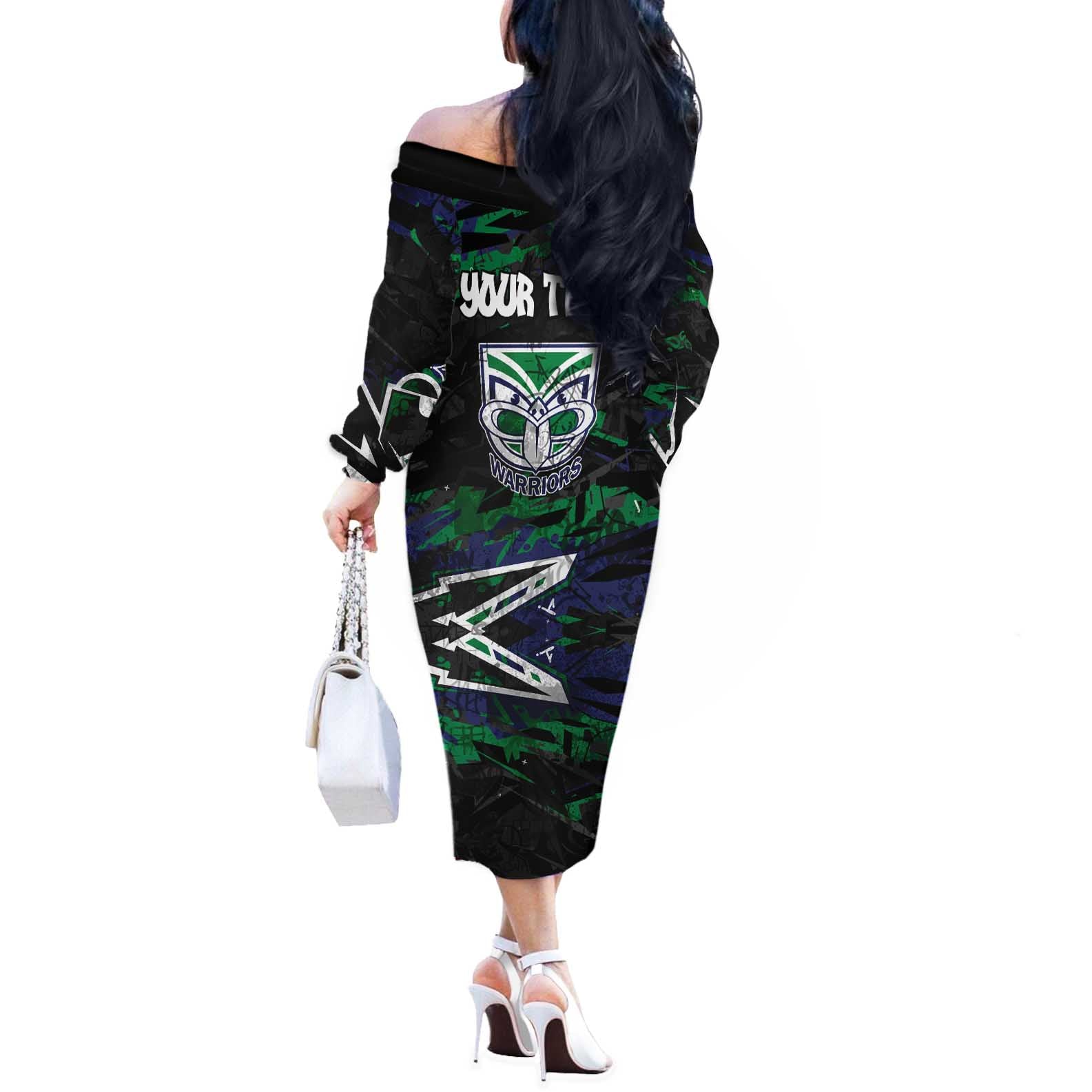 Personalized New Zealand Warriors Off The Shoulder Long Sleeve Dress Graffiti Grunge Abstract Urban Street Style Design