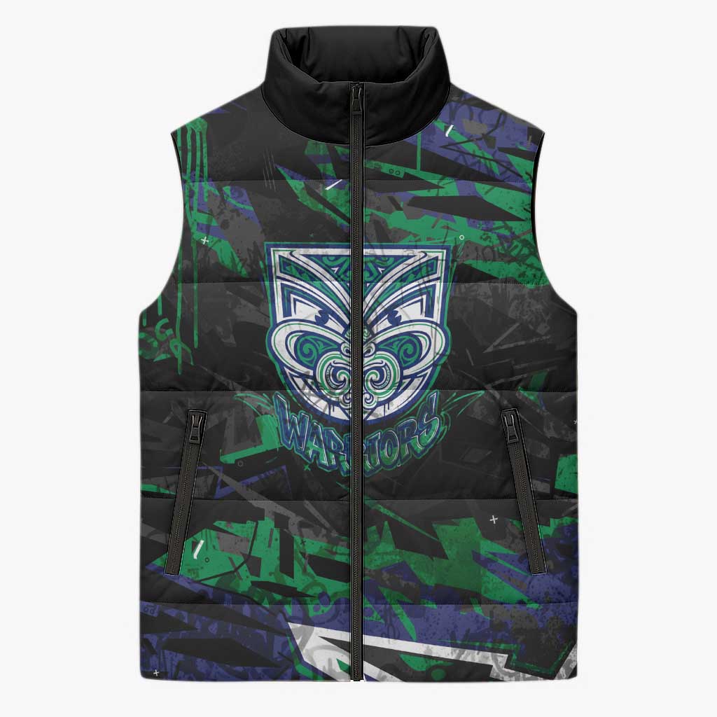 Personalized New Zealand Warriors Sleeveless Puffer Jacket Graffiti Grunge Abstract Urban Street Style Design