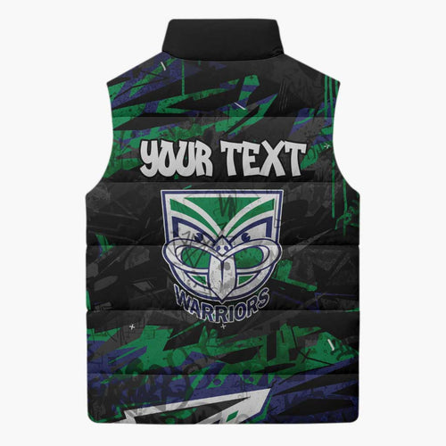 Personalized New Zealand Warriors Sleeveless Puffer Jacket Graffiti Grunge Abstract Urban Street Style Design