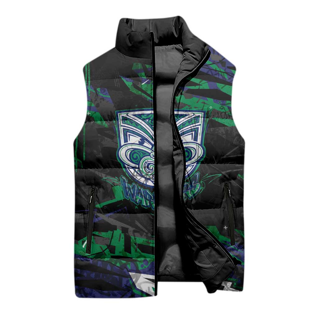 Personalized New Zealand Warriors Sleeveless Puffer Jacket Graffiti Grunge Abstract Urban Street Style Design