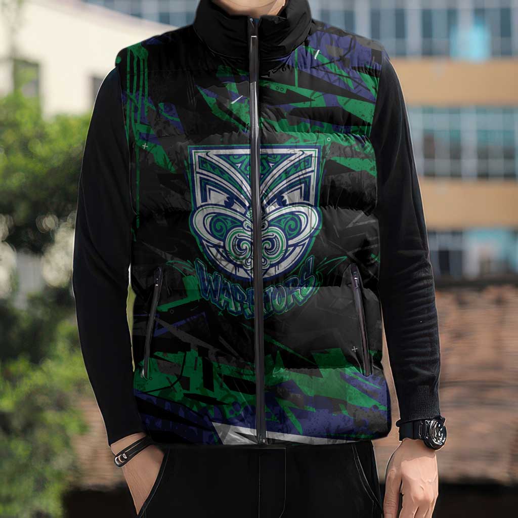 Personalized New Zealand Warriors Sleeveless Puffer Jacket Graffiti Grunge Abstract Urban Street Style Design