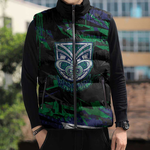 Personalized New Zealand Warriors Sleeveless Puffer Jacket Graffiti Grunge Abstract Urban Street Style Design