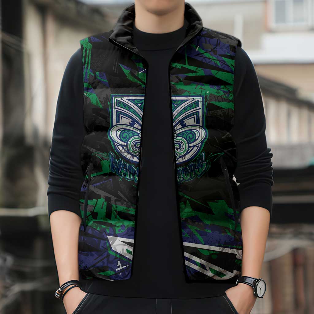 Personalized New Zealand Warriors Sleeveless Puffer Jacket Graffiti Grunge Abstract Urban Street Style Design