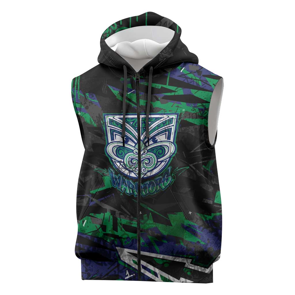 Personalized New Zealand Warriors Sleeveless Zip Hoodie Graffiti Grunge Abstract Urban Street Style Design