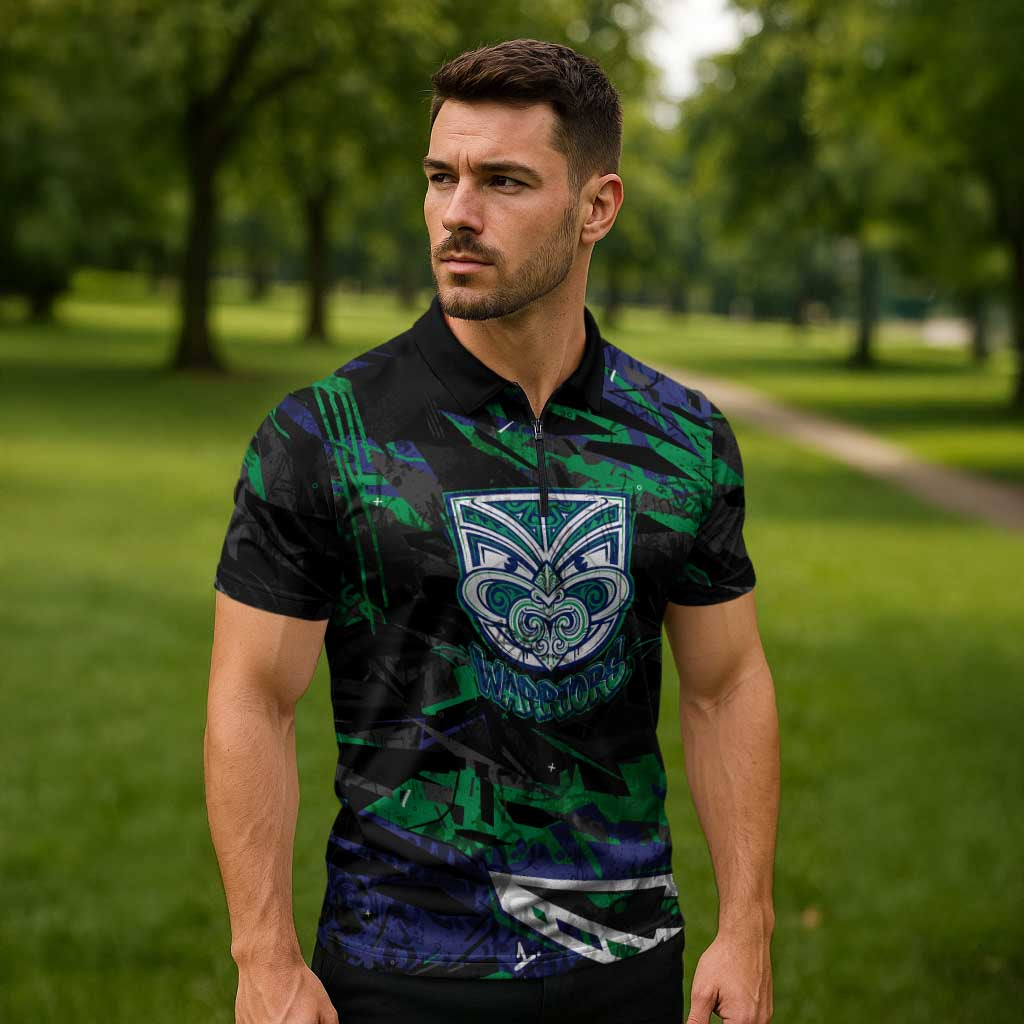 Personalized New Zealand Warriors Zipper Polo Shirt Graffiti Grunge Abstract Urban Street Style Design