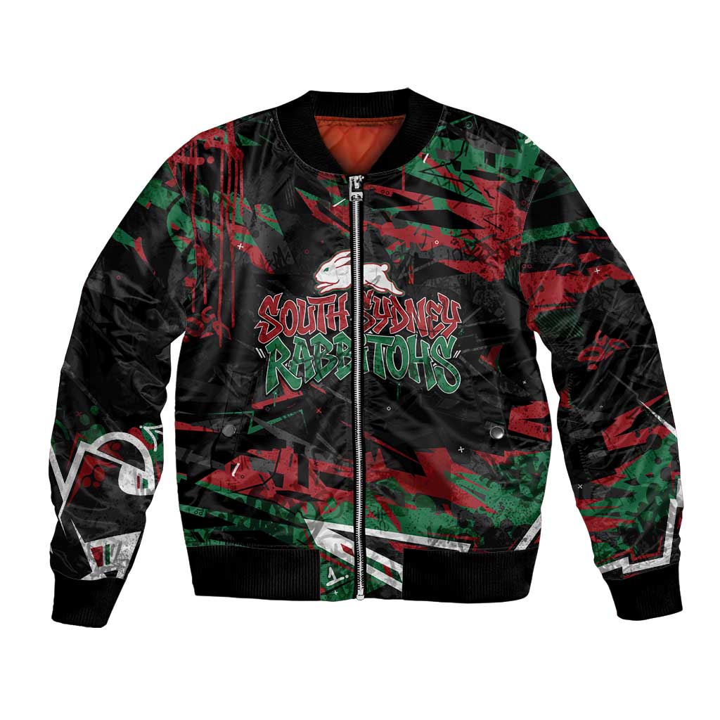 Personalized South Sydney Rabbitohs Bomber Jacket Graffiti Grunge Abstract Urban Street Style Design