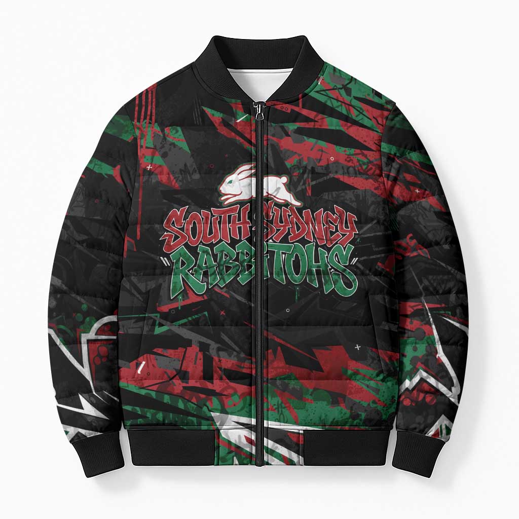 Personalized South Sydney Rabbitohs Bomber Puffer Jacket Graffiti Grunge Abstract Urban Street Style Design