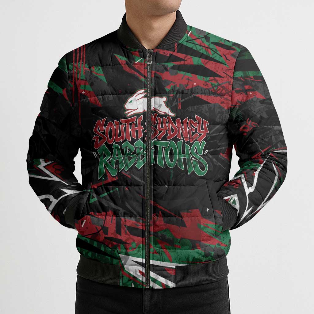Personalized South Sydney Rabbitohs Bomber Puffer Jacket Graffiti Grunge Abstract Urban Street Style Design