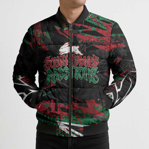 Personalized South Sydney Rabbitohs Bomber Puffer Jacket Graffiti Grunge Abstract Urban Street Style Design