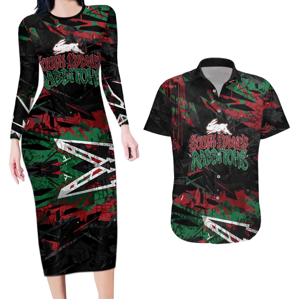 Personalized South Sydney Rabbitohs Couples Matching Long Sleeve Bodycon Dress and Hawaiian Shirt Graffiti Grunge Abstract Urban Street Style Design